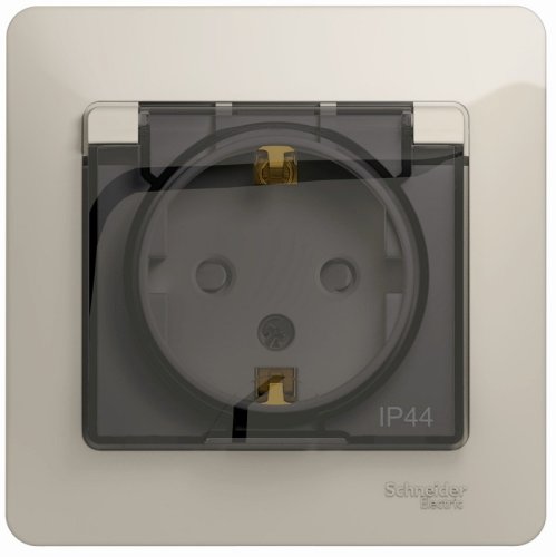 Розетка с заземлением с рамкой Systeme Electric Glossa 1-м. крышка шторки IP44 молочный картинка